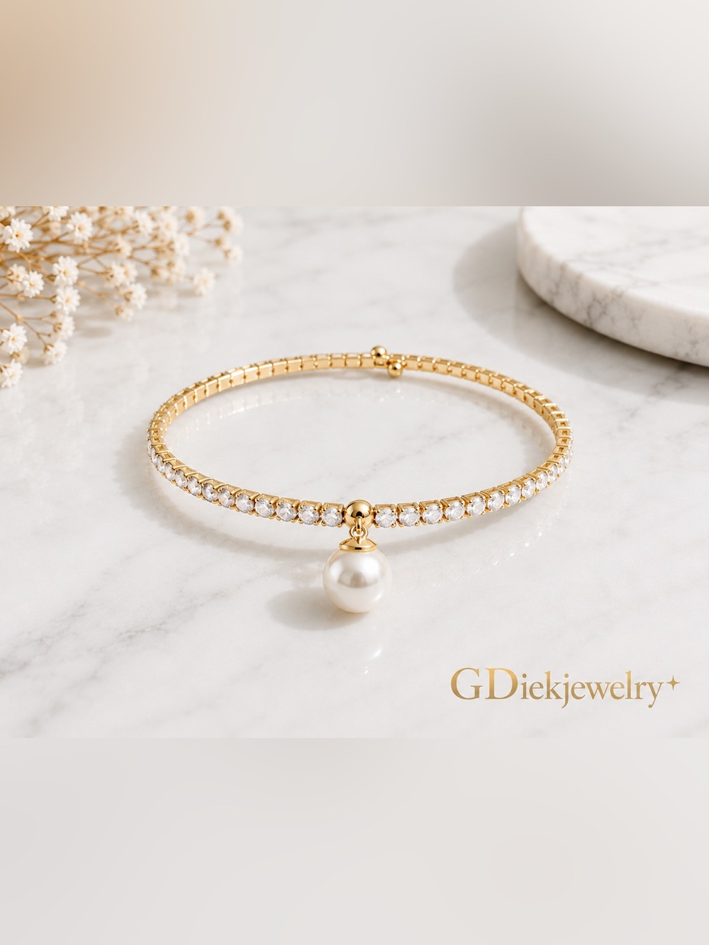 Goldfilled Bangle Pearl Charm Crystal Tennis Bracelet